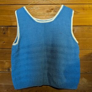 Hand-Knit Blue Tank with Cream Trim